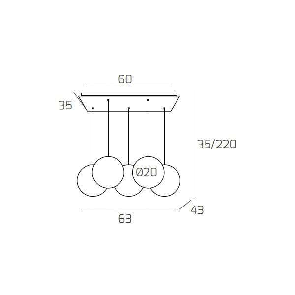 1194BI/S5 RP-FU BIG ECLIPSE SOSP. BIANCO 5 LUCI RETTANGOLARE VETRI PICCOLI FUME'