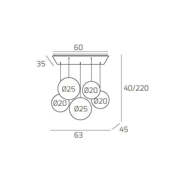 1194BI/S5 RPM-BR BIG ECLIPSE SOSP. BIANCO 5 LUCI RETTANGOLARE VETRI (3 PICCOLI +2 MEDI) TUTTI BRONZO