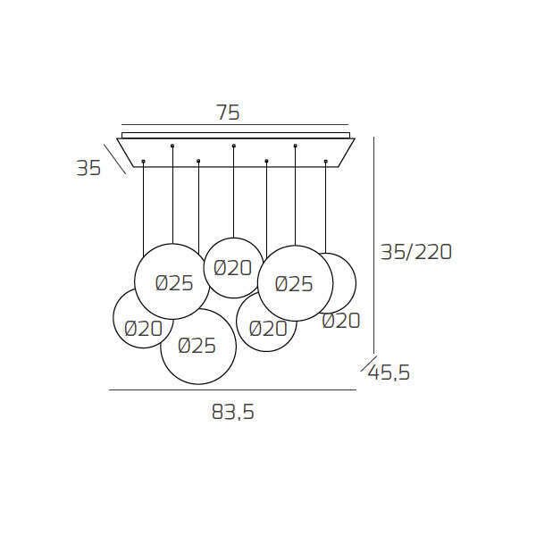 1194BI/S7 RPM-FU BIG ECLIPSE SOSP. BIANCO 7 LUCI RETTANGOLARE VETRI (4 PICCOLI +3 MEDI) TUTTI FUME'