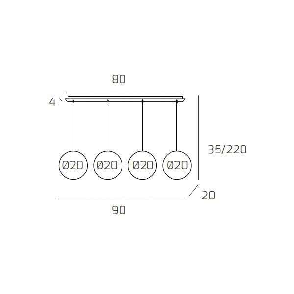 1194CR/S4 RP-FU BIG ECLIPSE SOSP. CROMO 4 LUCI RETTANGOLARE VETRI PICCOLI FUME'