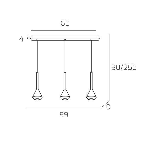 1202BI/S3 R-AL AYGO SOSP. 3 LUCI RETTANGOLARE ALLUMINIO CON CAVO CM.250 E ROSONE BIANCO