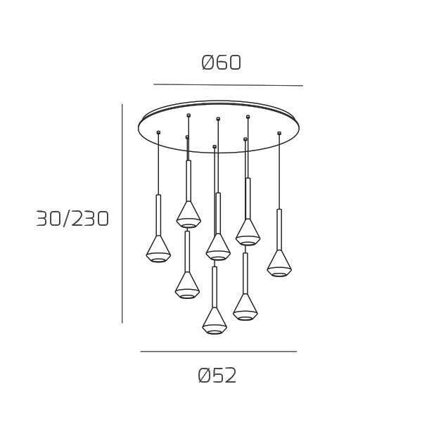 1202BI/S8 T-BR AYGO SOSP. 8 LUCI TONDA BRONZO CON CAVO CM.250 E ROSONE BIANCO