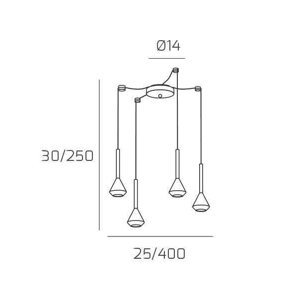 1202OT/S4 S-OT AYGO SOSP. 4 LUCI SPOSTABILE OTTONE CON CAVO CM.250