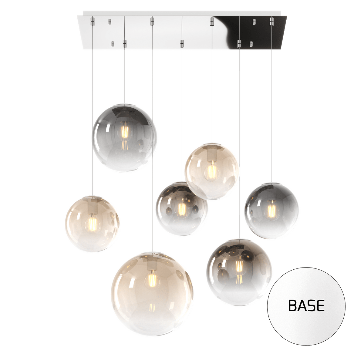 1194BI/S7 RMIX-MC BIG ECLIPSE SOSP. BIANCO 7 LUCI RETTANGOLARE VETRI (4 PICCOLI(1XFU+2XAM+1XBR)+2 MEDI (1XFU+1XBR)+1 GRANDE AM)