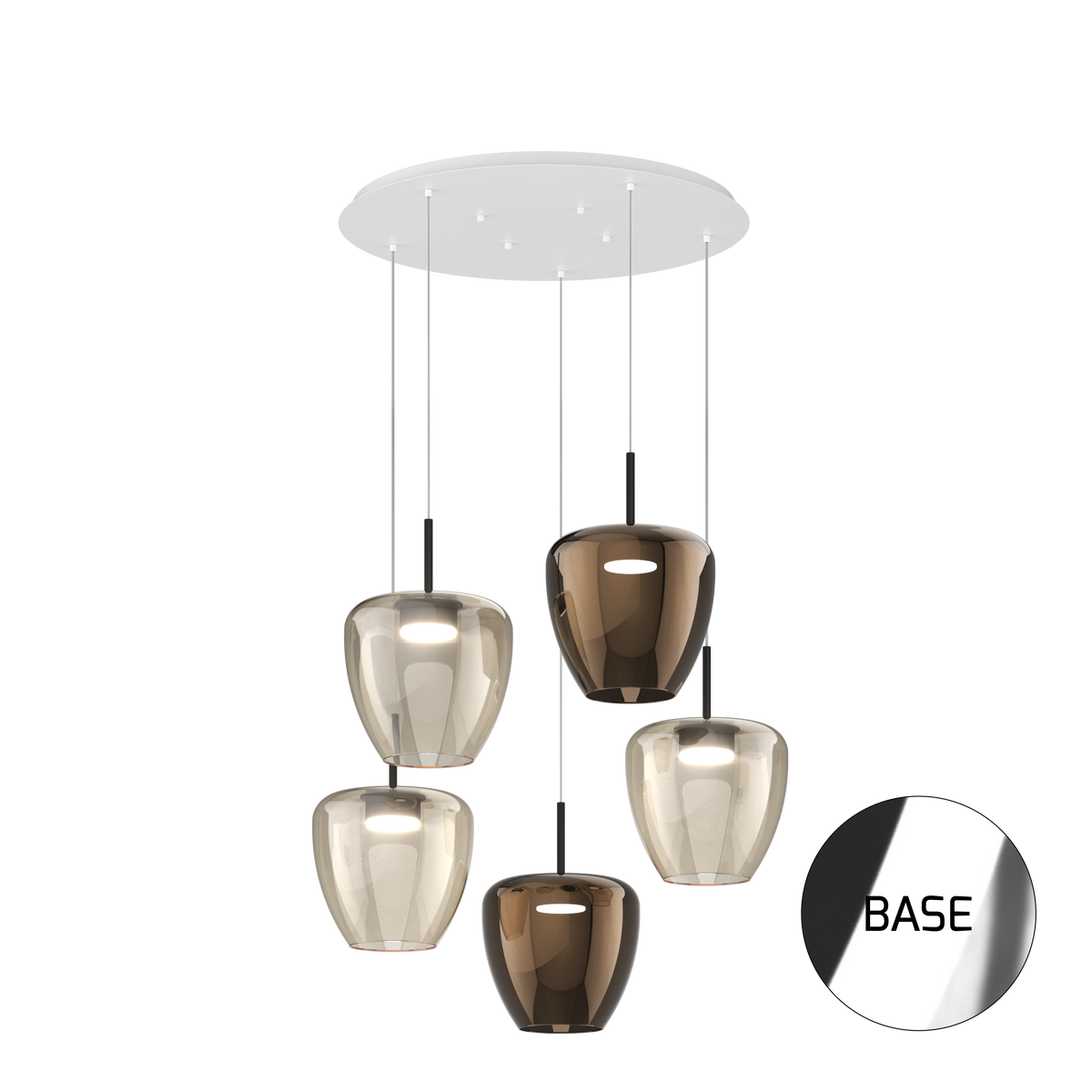 1236CR/S5 TG-AB SOSP. CROMO 5 LUCI TONDO VETRI GRANDI (3 AMBRA + 2 BRONZO)