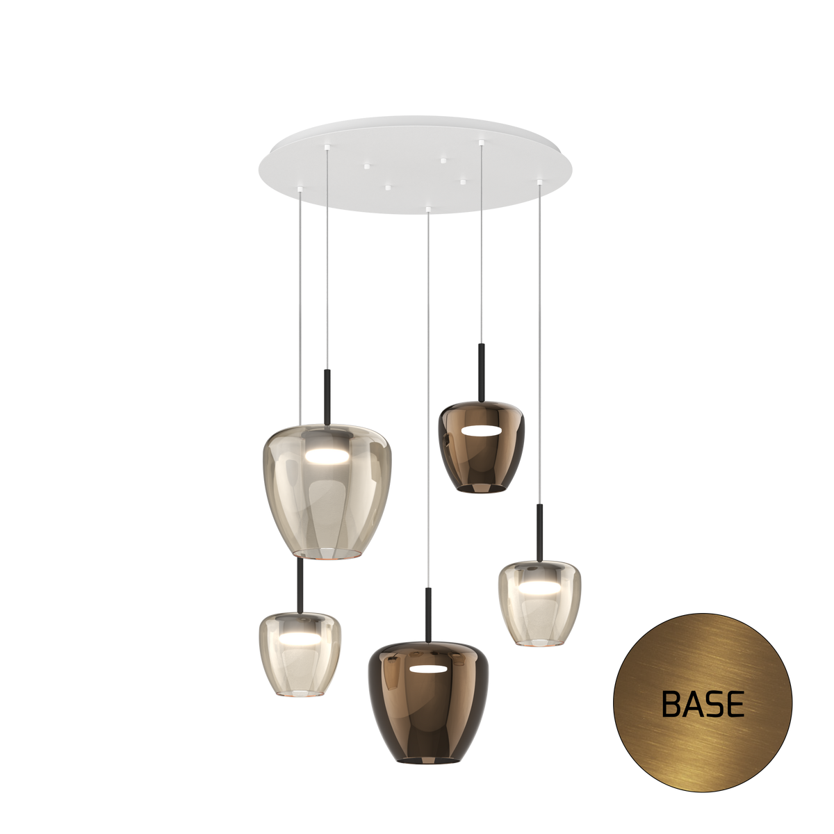 1236OS/S5 TMIX-AB SOSP. OTTONE SAT. 5 LUCI TONDO VETRI (2 PICCOLO AMBRA + 1 PICCOLO BRONZO + 1 GRANDE AMBRA + 1 GRANDE BRONZO)